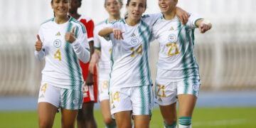 Ines Boutaleb of Algeria celebrates goal with teammates during the CAF Womens Africa Cup of Nations Qualifiers 2024 match between Algeria and Burundi held at 5 July 1962 Stadium in Algiers , Algeria on 4 December 2023 ©Djaffar Ladjal/BackpagePix